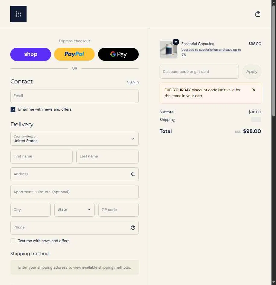 Blueprint Bryan Johnson checkout page showing Blueprint Bryan Johnson discount code box | Screenshot taken by SimplyCodes community member on Feb 10, 2026