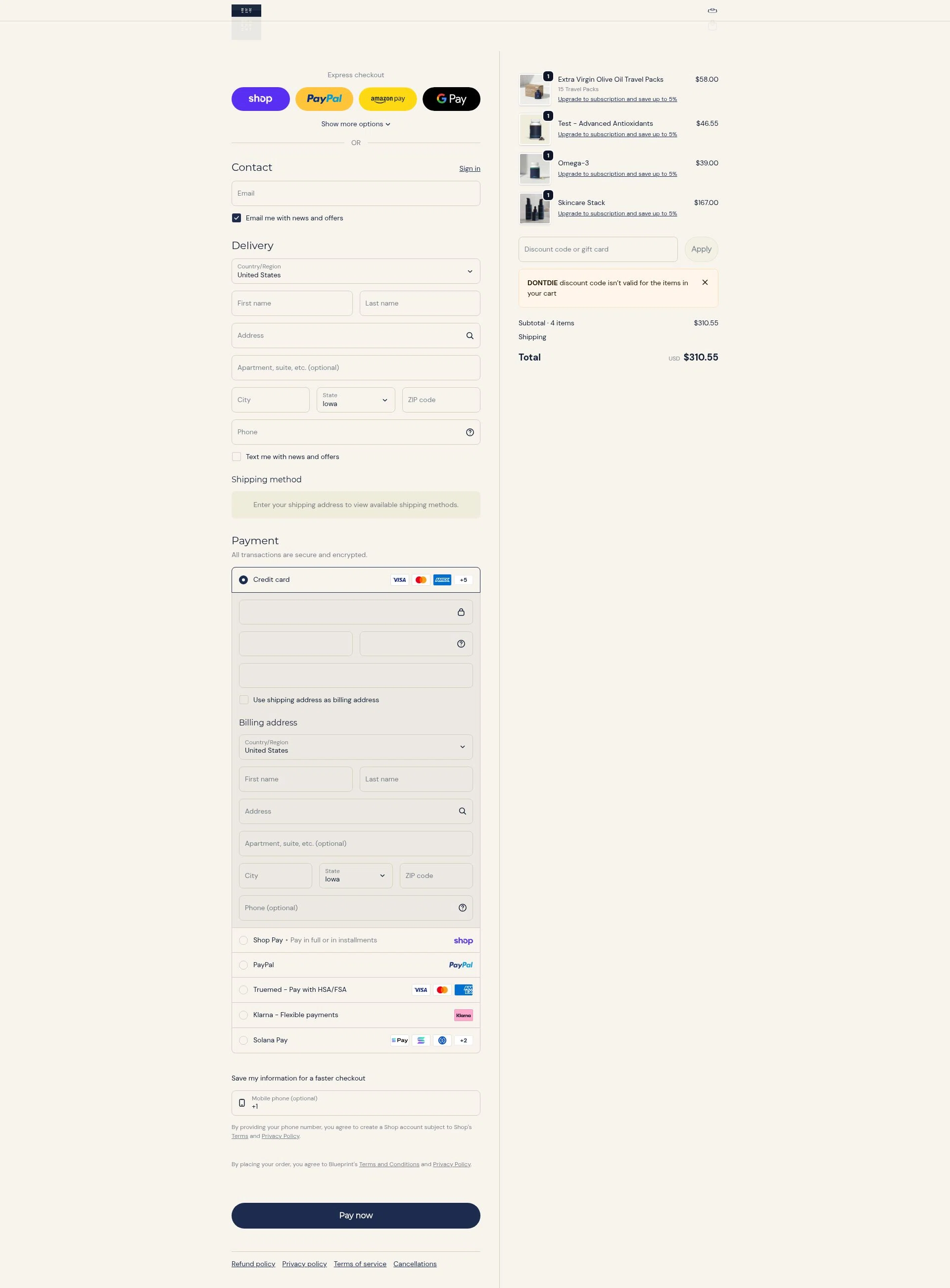 Blueprint Bryan Johnson checkout page showing Blueprint Bryan Johnson discount code box | Screenshot taken by SimplyCodes community member on Feb 10, 2026