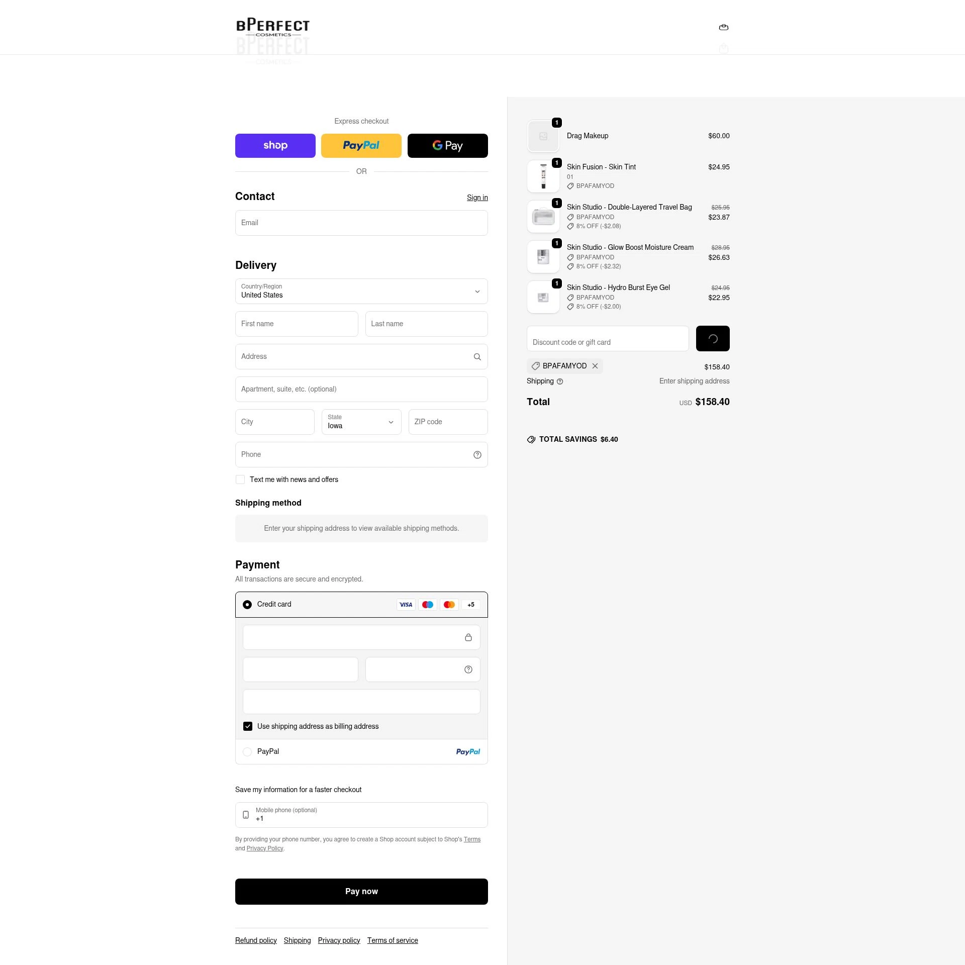 BPerfect Cosmetics checkout page showing BPerfect Cosmetics promo code box | Screenshot taken by SimplyCodes community member on Feb 9, 2026