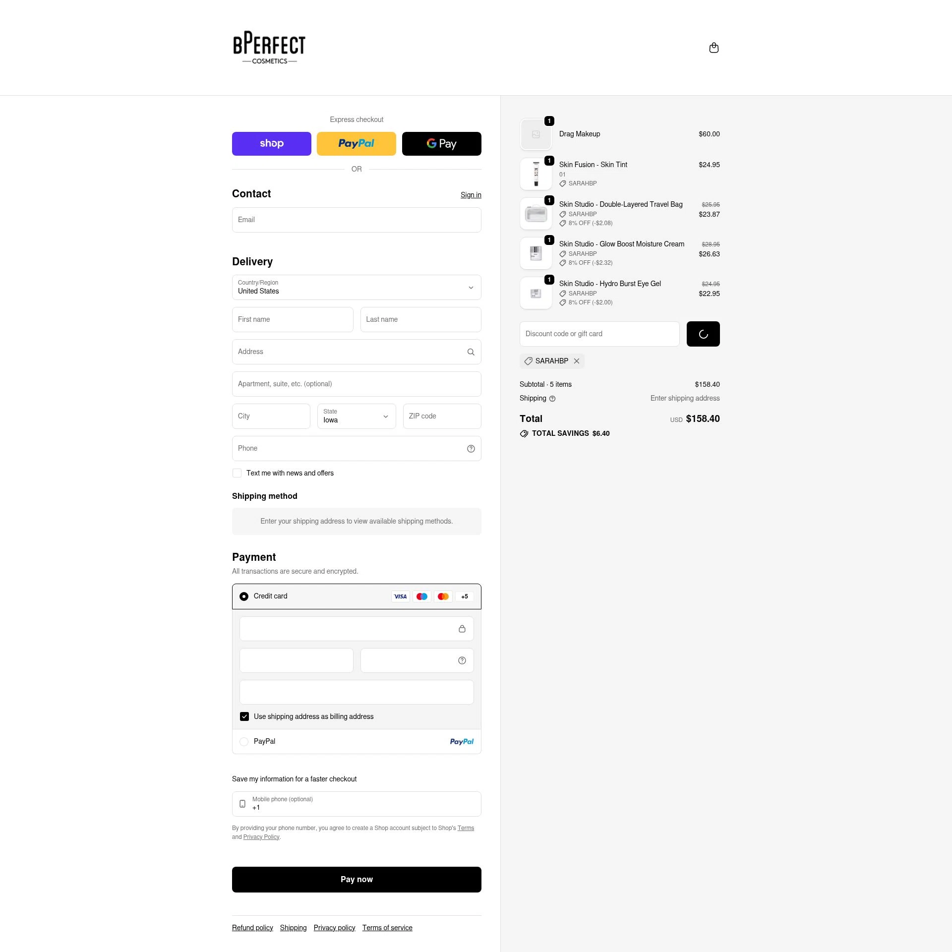BPerfect Cosmetics checkout page showing BPerfect Cosmetics promo code box | Screenshot taken by SimplyCodes community member on Feb 13, 2026