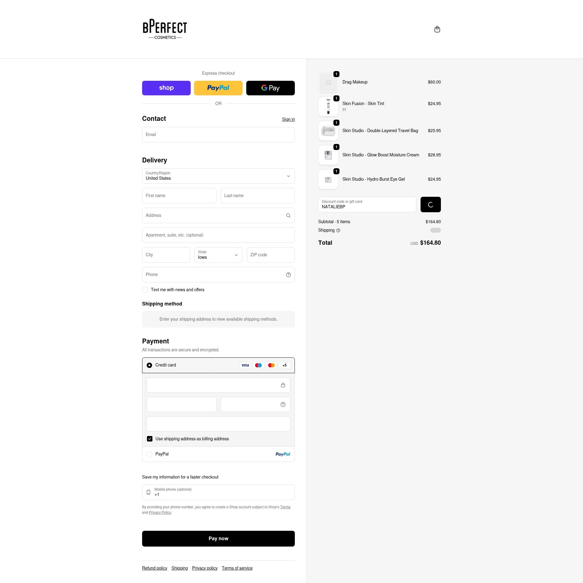 BPerfect Cosmetics checkout page showing BPerfect Cosmetics promo code box | Screenshot taken by SimplyCodes community member on Feb 13, 2026