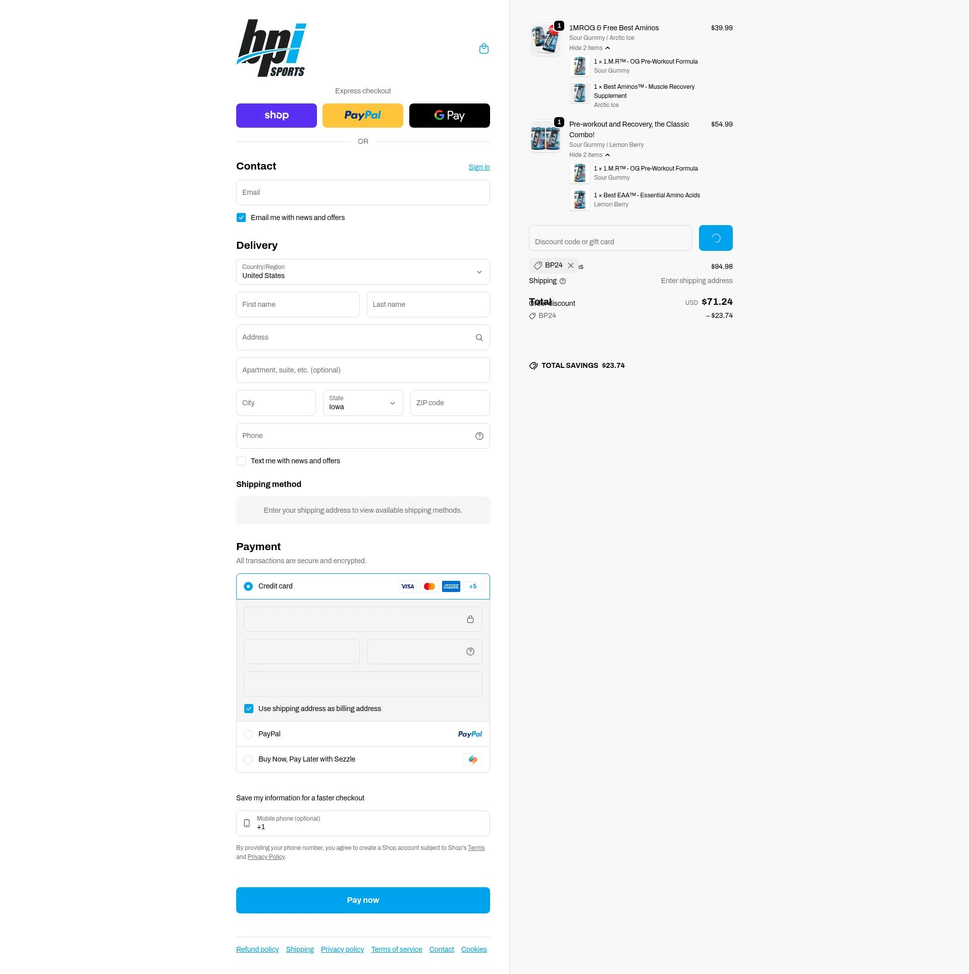 BPI Sports checkout page showing BPI Sports coupon code box | Screenshot taken by SimplyCodes community member on Feb 10, 2026