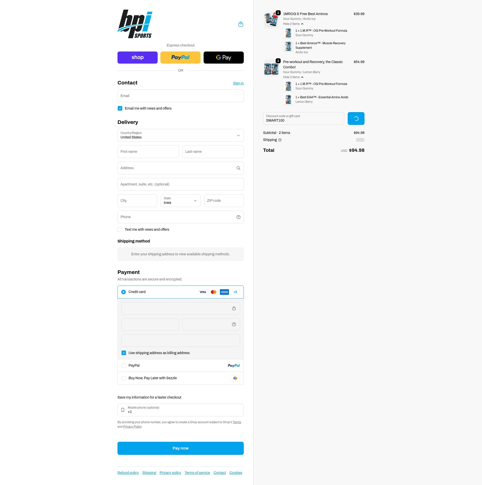 BPI Sports checkout page showing BPI Sports coupon code box | Screenshot taken by SimplyCodes community member on Feb 10, 2026