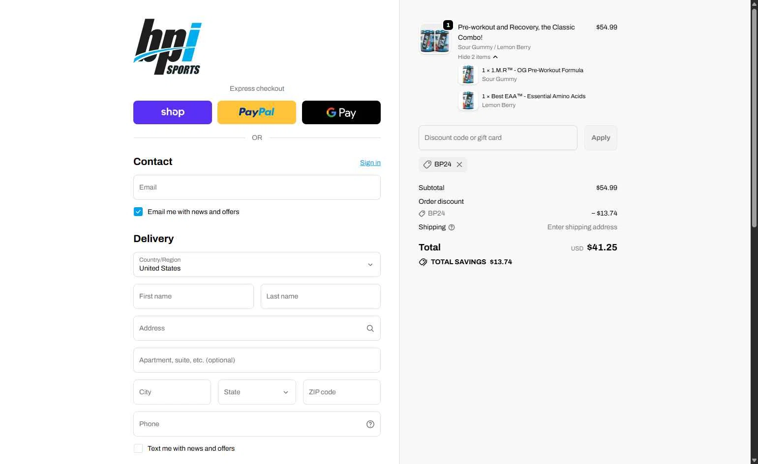 BPI Sports checkout page showing BPI Sports coupon code box | Screenshot taken by SimplyCodes community member on Feb 10, 2026