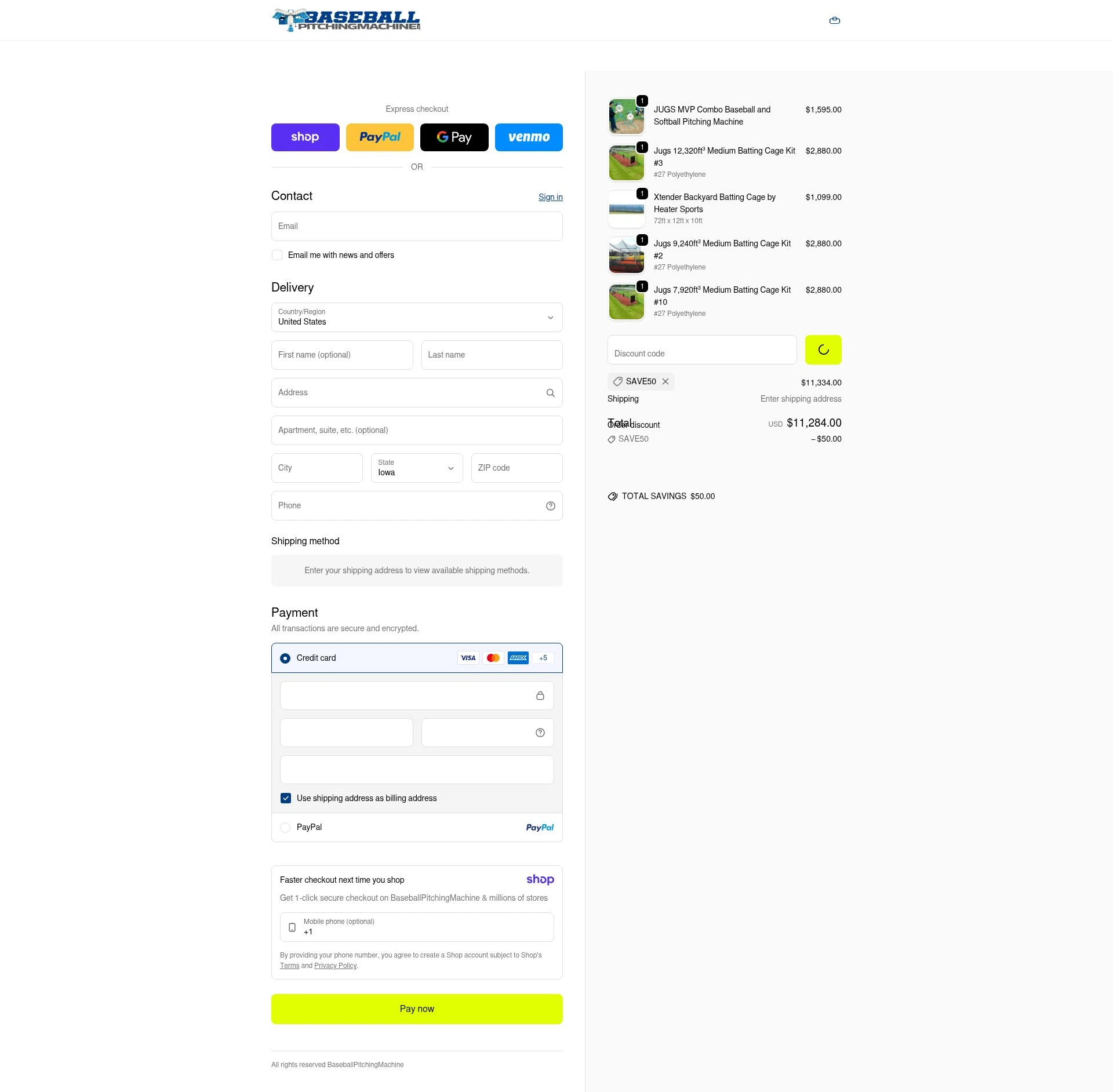 BaseballPitchingMachine checkout page showing BaseballPitchingMachine promo code box | Screenshot taken by SimplyCodes community member on Jan 8, 2026