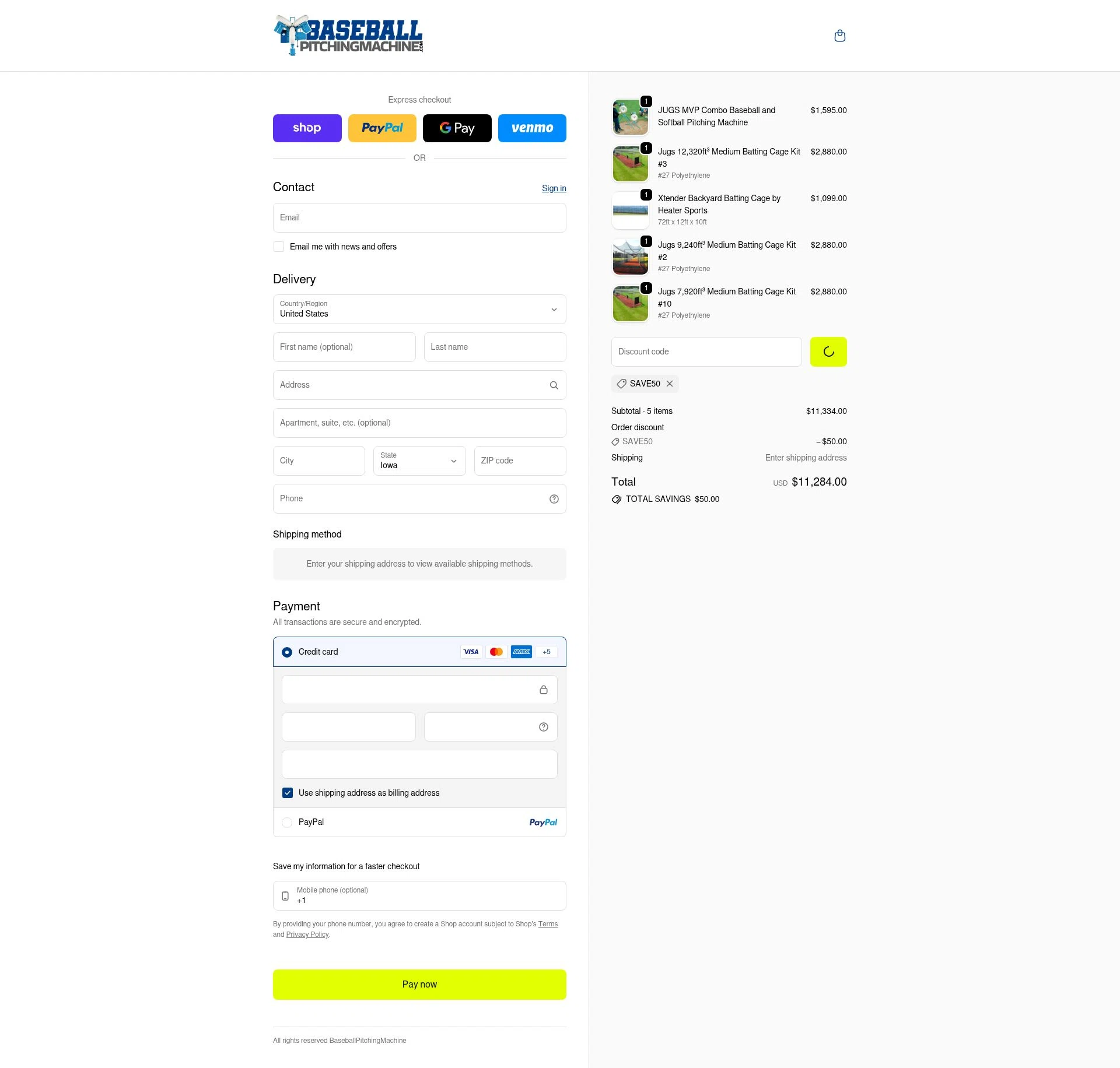 BaseballPitchingMachine checkout page showing BaseballPitchingMachine promo code box | Screenshot taken by SimplyCodes community member on Feb 1, 2026