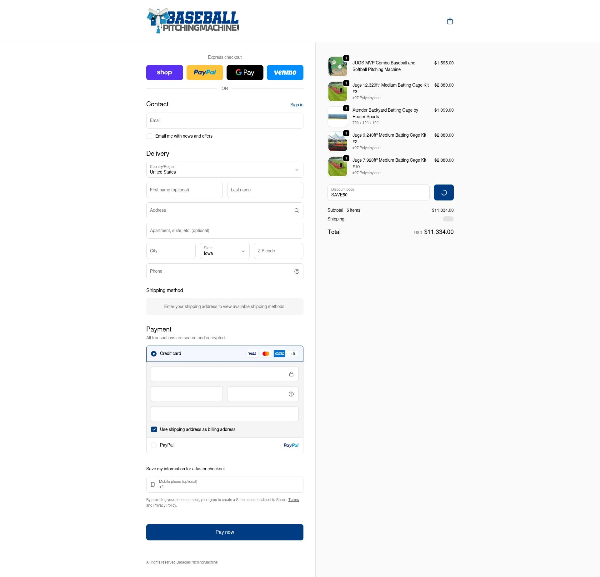 BaseballPitchingMachine checkout page showing BaseballPitchingMachine promo code box | Screenshot taken by SimplyCodes community member on Feb 9, 2026