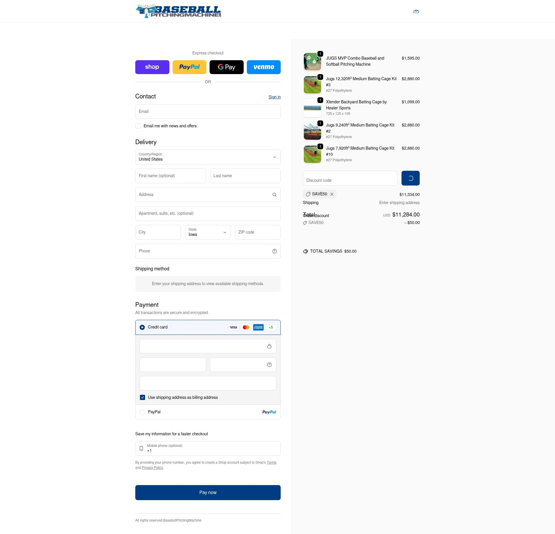 BaseballPitchingMachine checkout page showing BaseballPitchingMachine promo code box | Screenshot taken by SimplyCodes community member on Feb 11, 2026