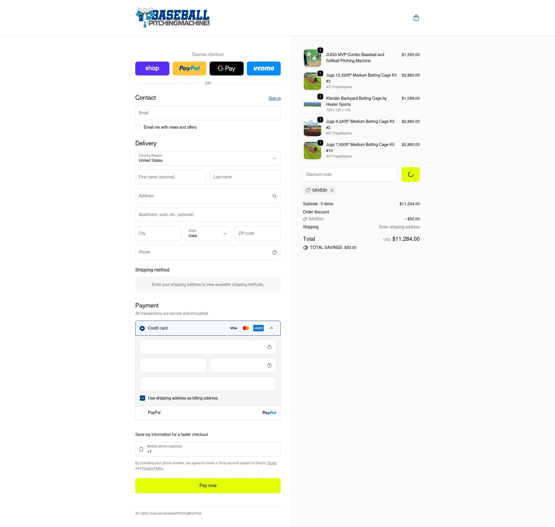 BaseballPitchingMachine checkout page showing BaseballPitchingMachine promo code box | Screenshot taken by SimplyCodes community member on Jan 18, 2026