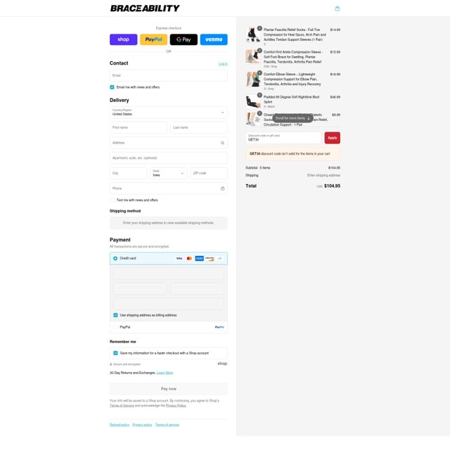 BraceAbility checkout page showing BraceAbility discount code box | Screenshot taken by SimplyCodes community member on Aug 31, 2025