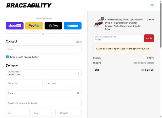 BraceAbility checkout page showing BraceAbility discount code box | Screenshot taken by SimplyCodes community member on Aug 22, 2025