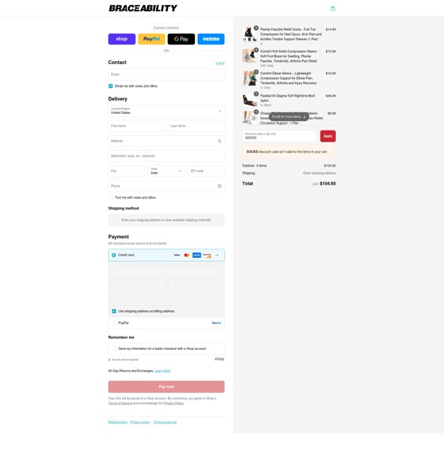 BraceAbility checkout page showing BraceAbility discount code box | Screenshot taken by SimplyCodes community member on Sep 4, 2025