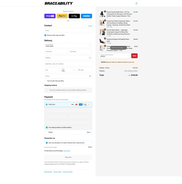 BraceAbility checkout page showing BraceAbility discount code box | Screenshot taken by SimplyCodes community member on Aug 27, 2025