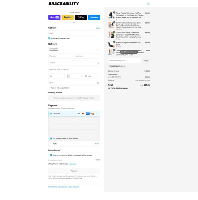 BraceAbility checkout page showing BraceAbility discount code box | Screenshot taken by SimplyCodes community member on Aug 23, 2025