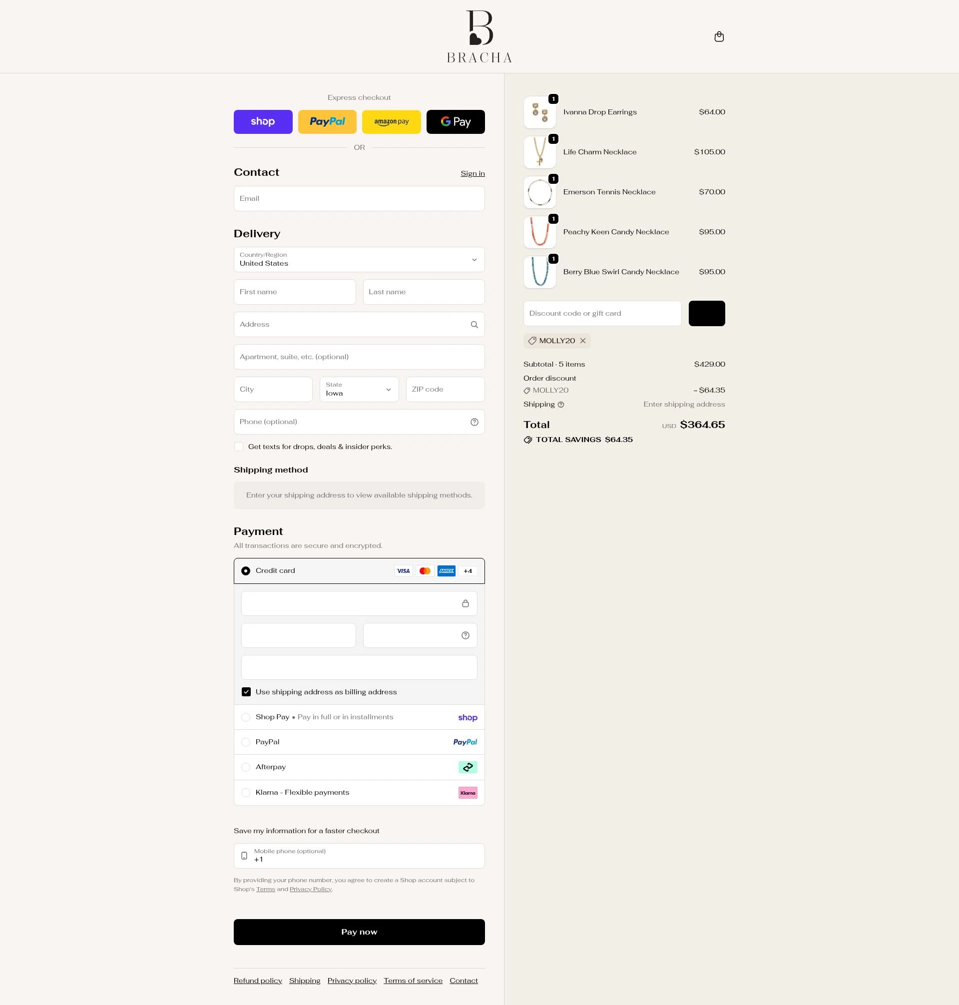 Bracha checkout page showing Bracha discount code box | Screenshot taken by SimplyCodes community member on Feb 19, 2026