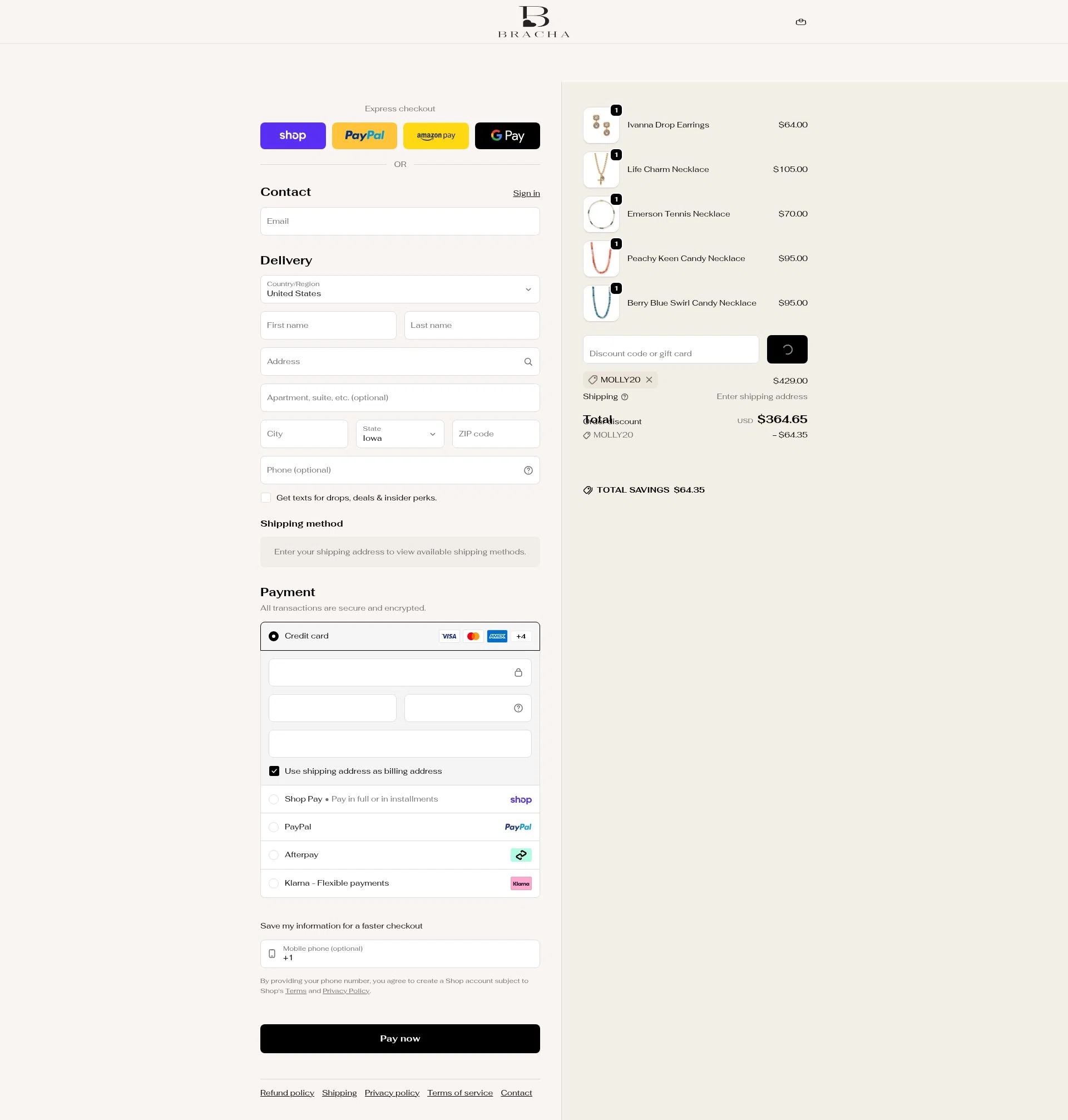 Bracha checkout page showing Bracha discount code box | Screenshot taken by SimplyCodes community member on Feb 10, 2026