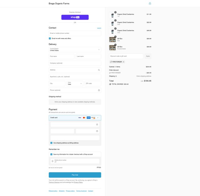 Braga Organic Farms checkout page showing Braga Organic Farms discount code box | Screenshot taken by SimplyCodes community member on Aug 23, 2025