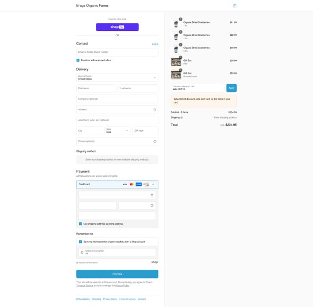 Braga Organic Farms checkout page showing Braga Organic Farms discount code box | Screenshot taken by SimplyCodes community member on Aug 23, 2025