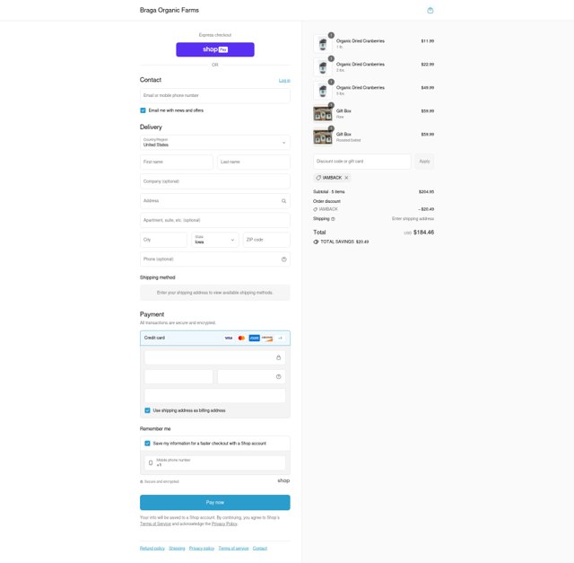 Braga Organic Farms checkout page showing Braga Organic Farms discount code box | Screenshot taken by SimplyCodes community member on Aug 23, 2025