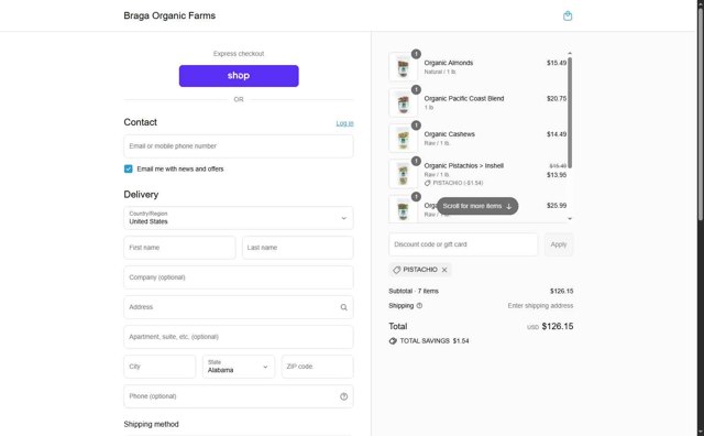 Braga Organic Farms checkout page showing Braga Organic Farms discount code box | Screenshot taken by SimplyCodes community member on Sep 3, 2025