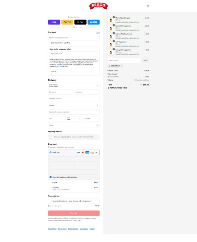 Bragg checkout page showing Bragg discount code box | Screenshot taken by SimplyCodes community member on Sep 7, 2025