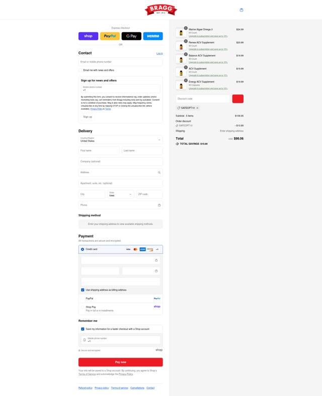 Bragg checkout page showing Bragg discount code box | Screenshot taken by SimplyCodes community member on Sep 7, 2025