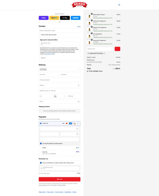 Bragg checkout page showing Bragg discount code box | Screenshot taken by SimplyCodes community member on Sep 7, 2025