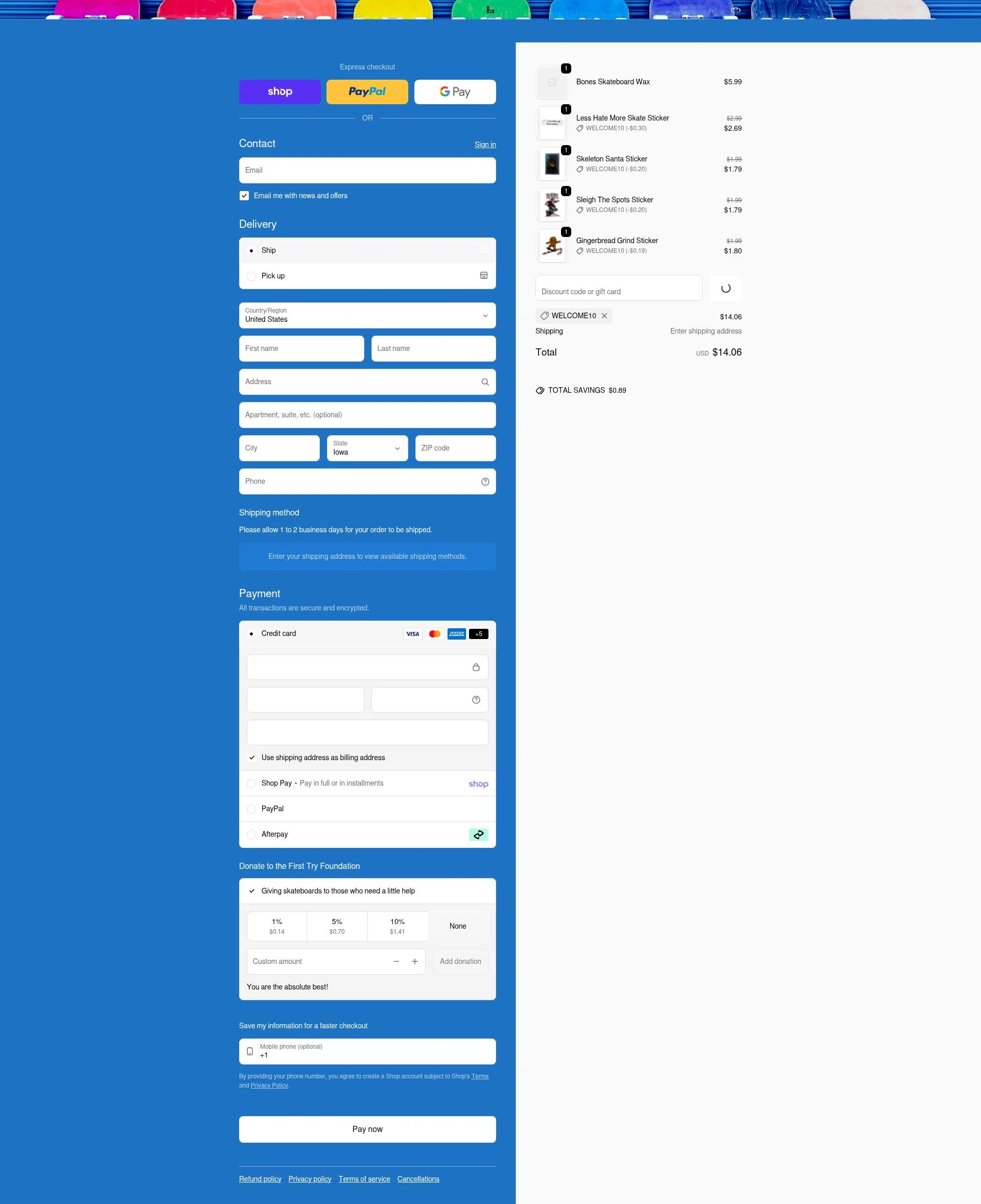 Braille Skateboarding checkout page showing Braille Skateboarding discount code box | Screenshot taken by SimplyCodes community member on Feb 9, 2026