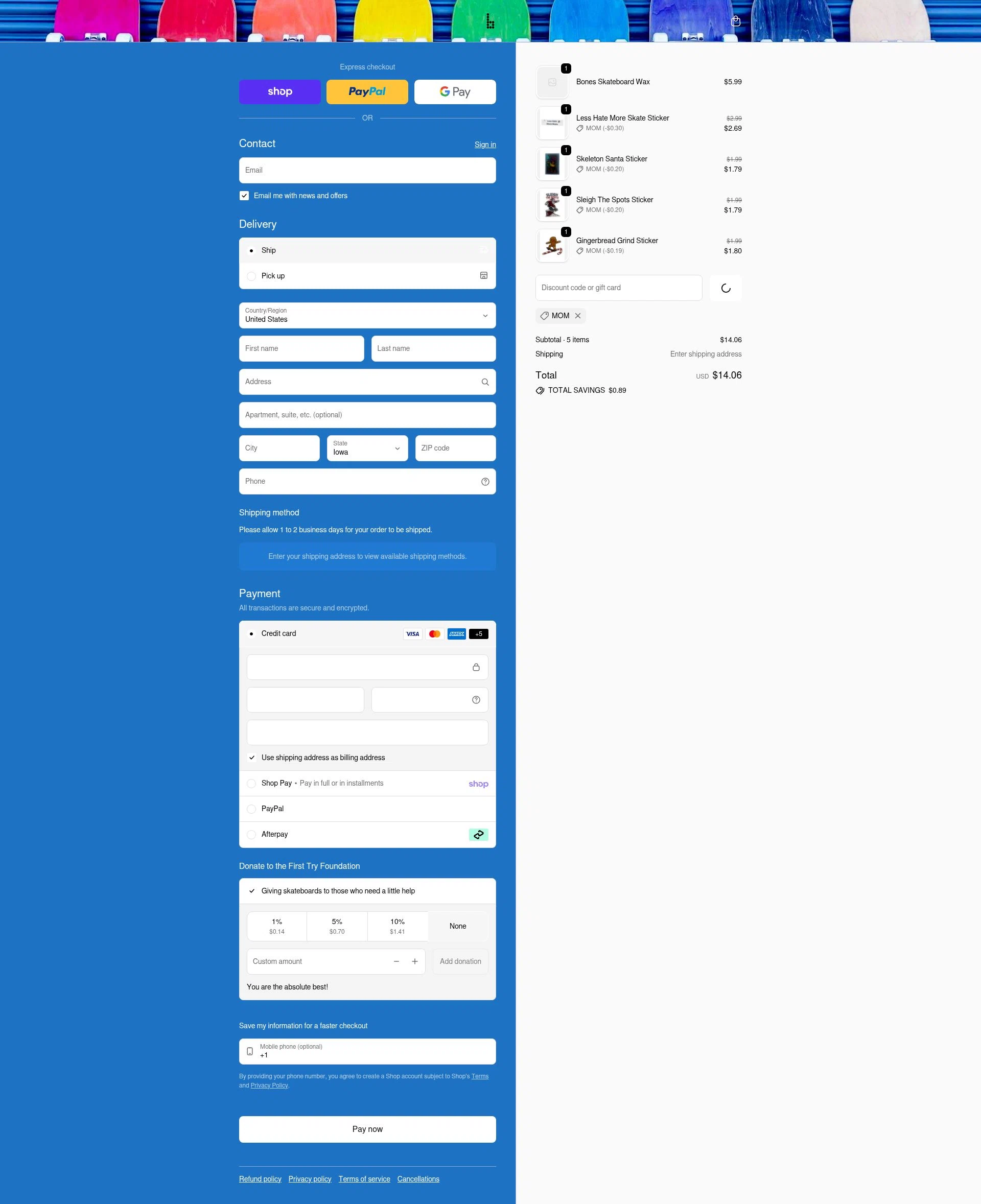 Braille Skateboarding checkout page showing Braille Skateboarding discount code box | Screenshot taken by SimplyCodes community member on Feb 13, 2026