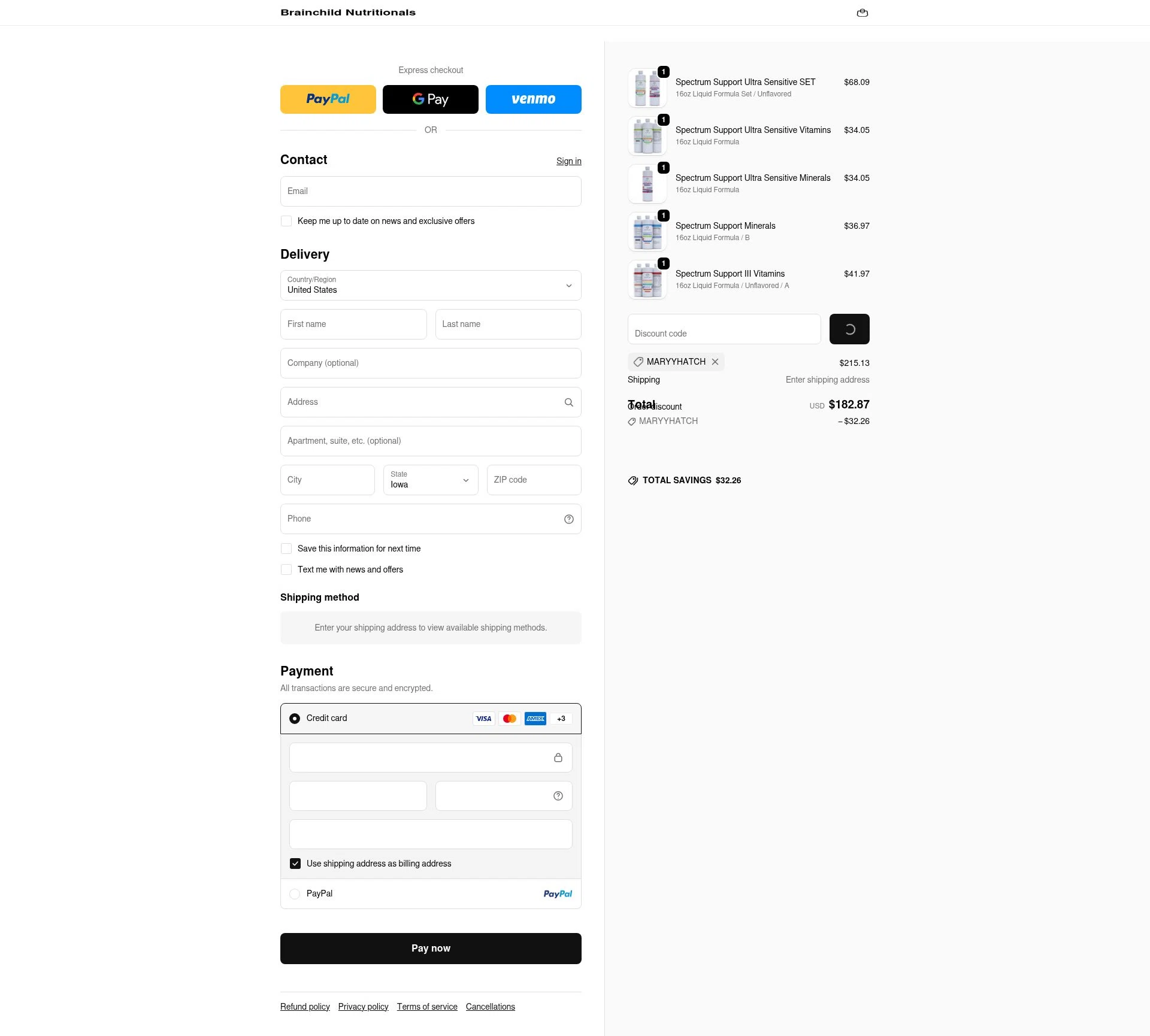 BrainChild Nutritionals checkout page showing BrainChild Nutritionals discount code box | Screenshot taken by SimplyCodes community member on Feb 4, 2026