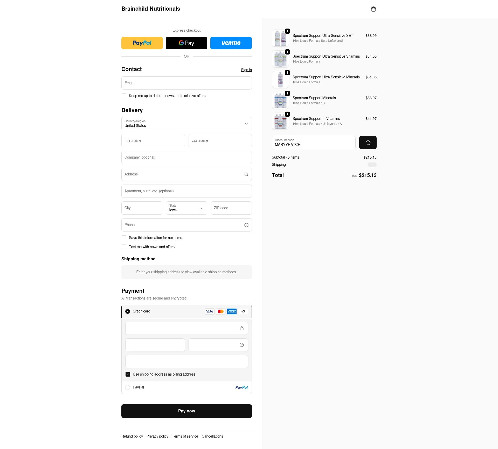 BrainChild Nutritionals checkout page showing BrainChild Nutritionals discount code box | Screenshot taken by SimplyCodes community member on Jan 31, 2026