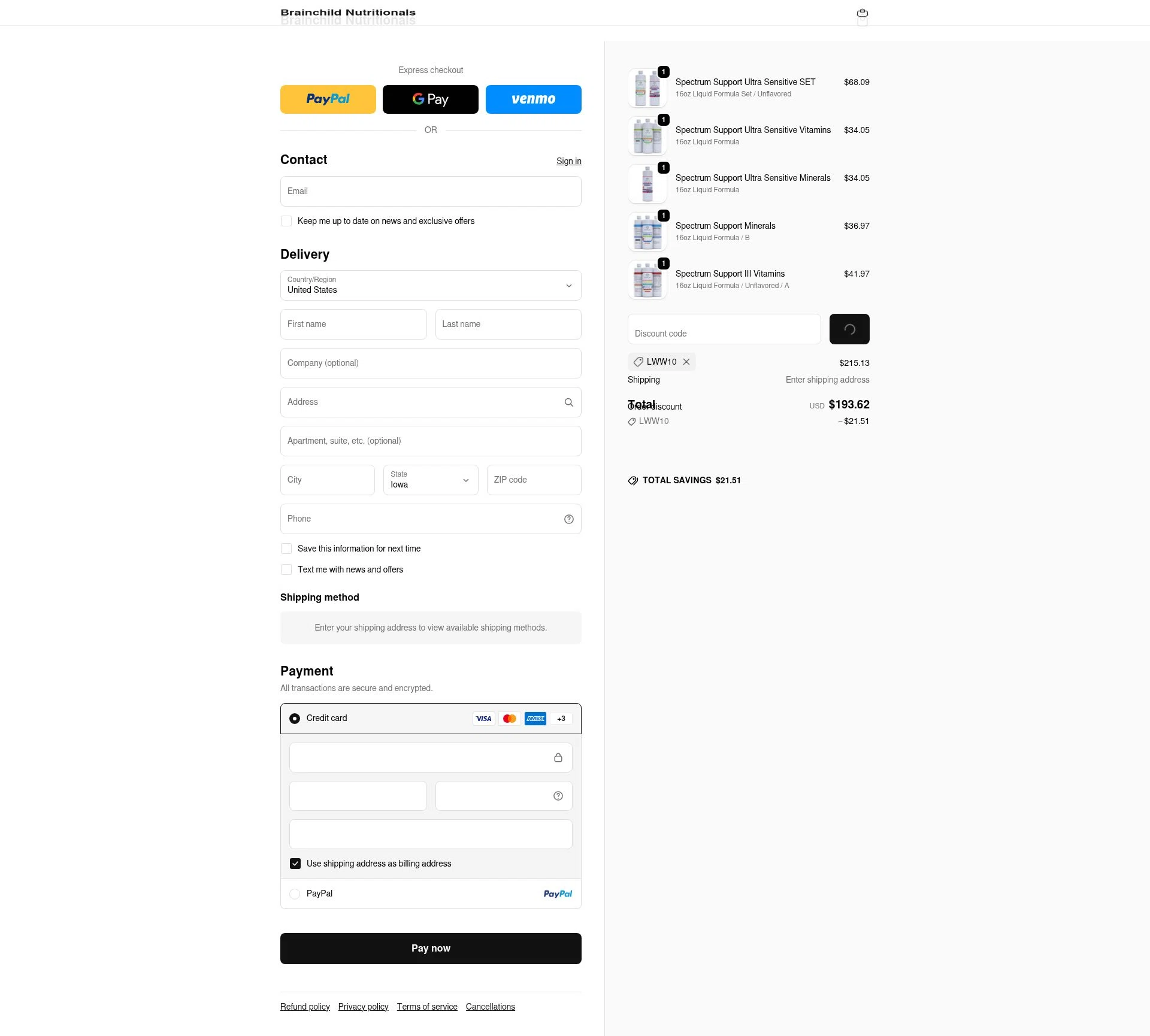 BrainChild Nutritionals checkout page showing BrainChild Nutritionals discount code box | Screenshot taken by SimplyCodes community member on Feb 8, 2026