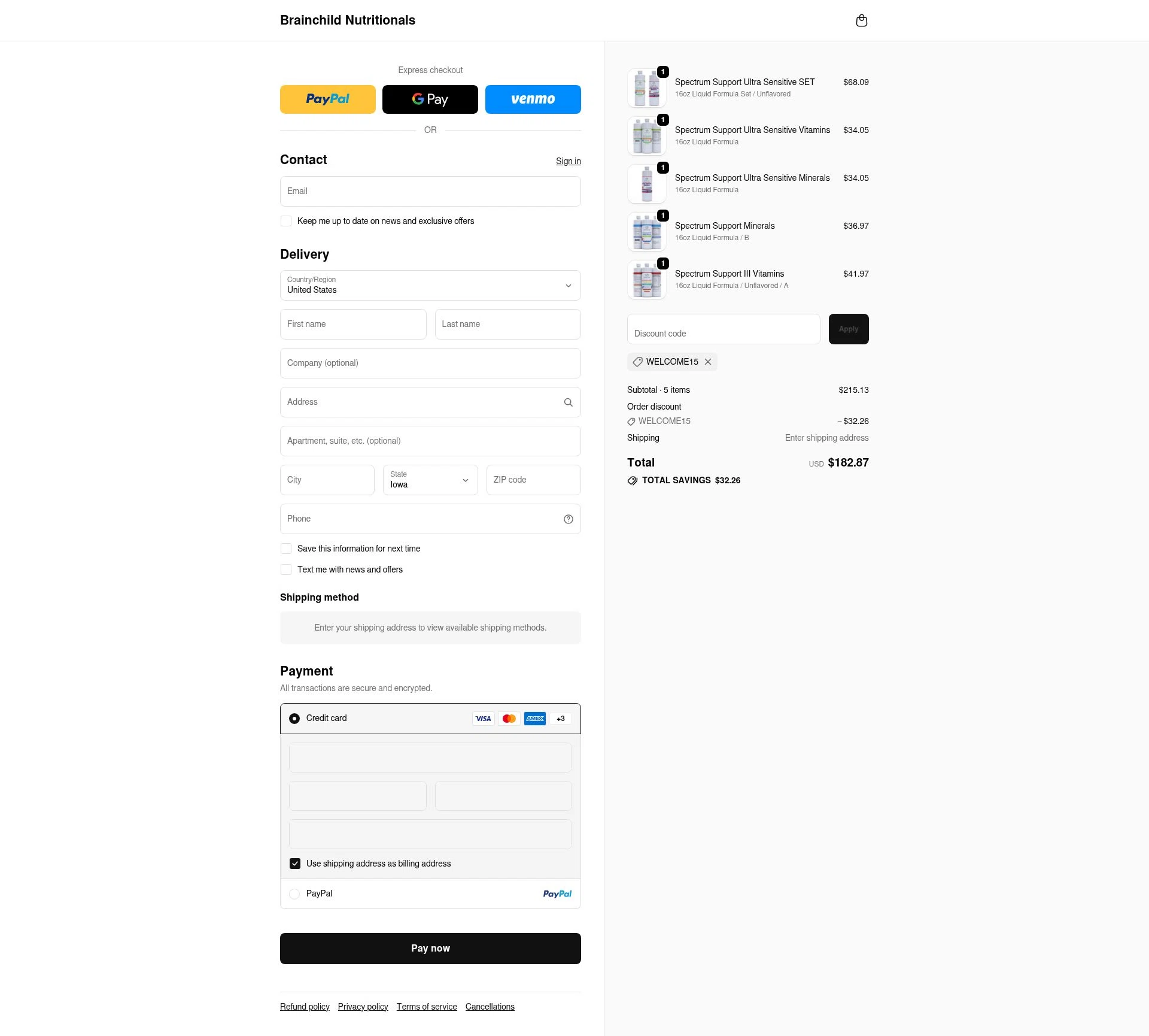 BrainChild Nutritionals checkout page showing BrainChild Nutritionals discount code box | Screenshot taken by SimplyCodes community member on Feb 8, 2026