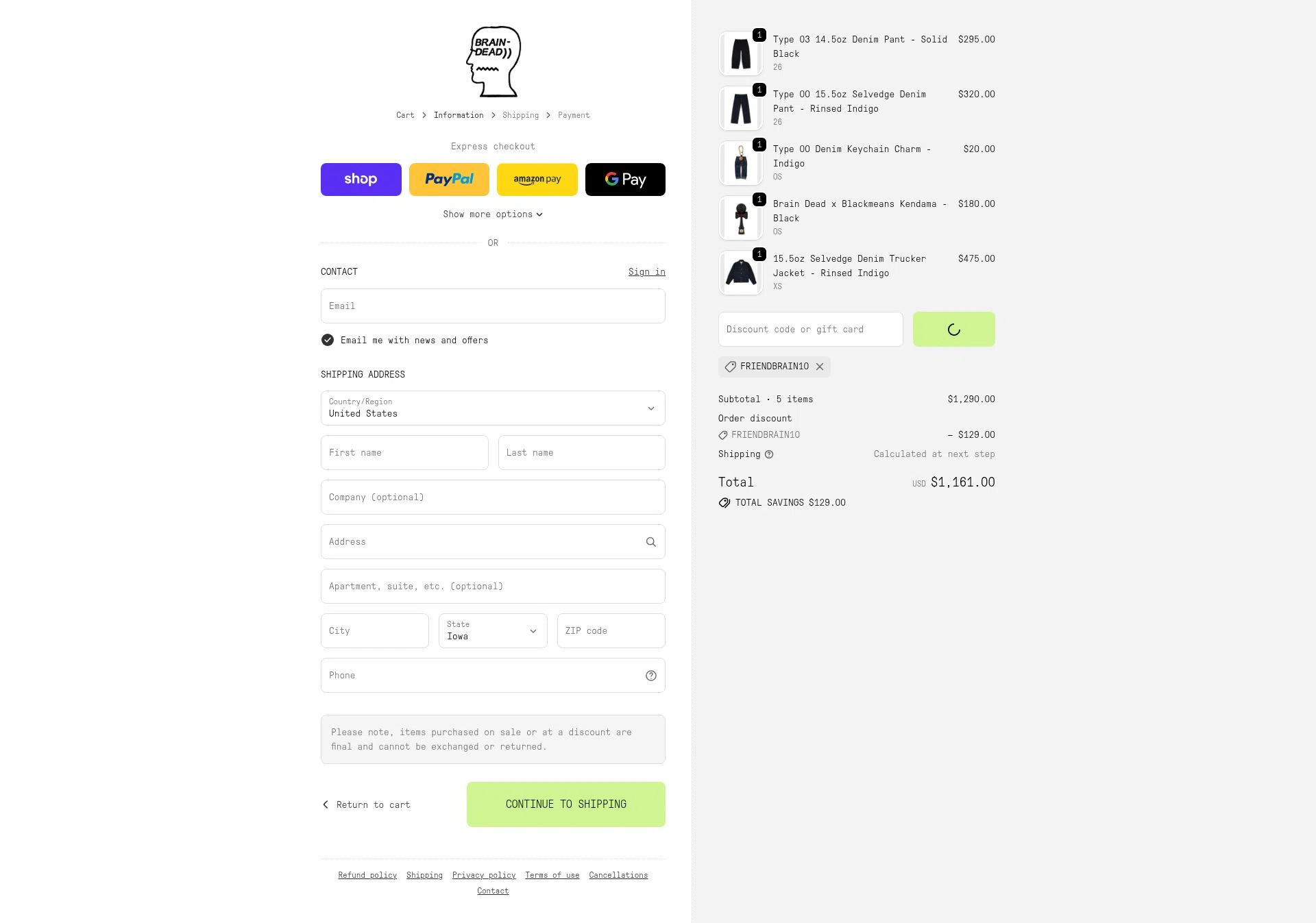 Brain Dead checkout page showing Brain Dead discount code box | Screenshot taken by SimplyCodes community member on Feb 9, 2026