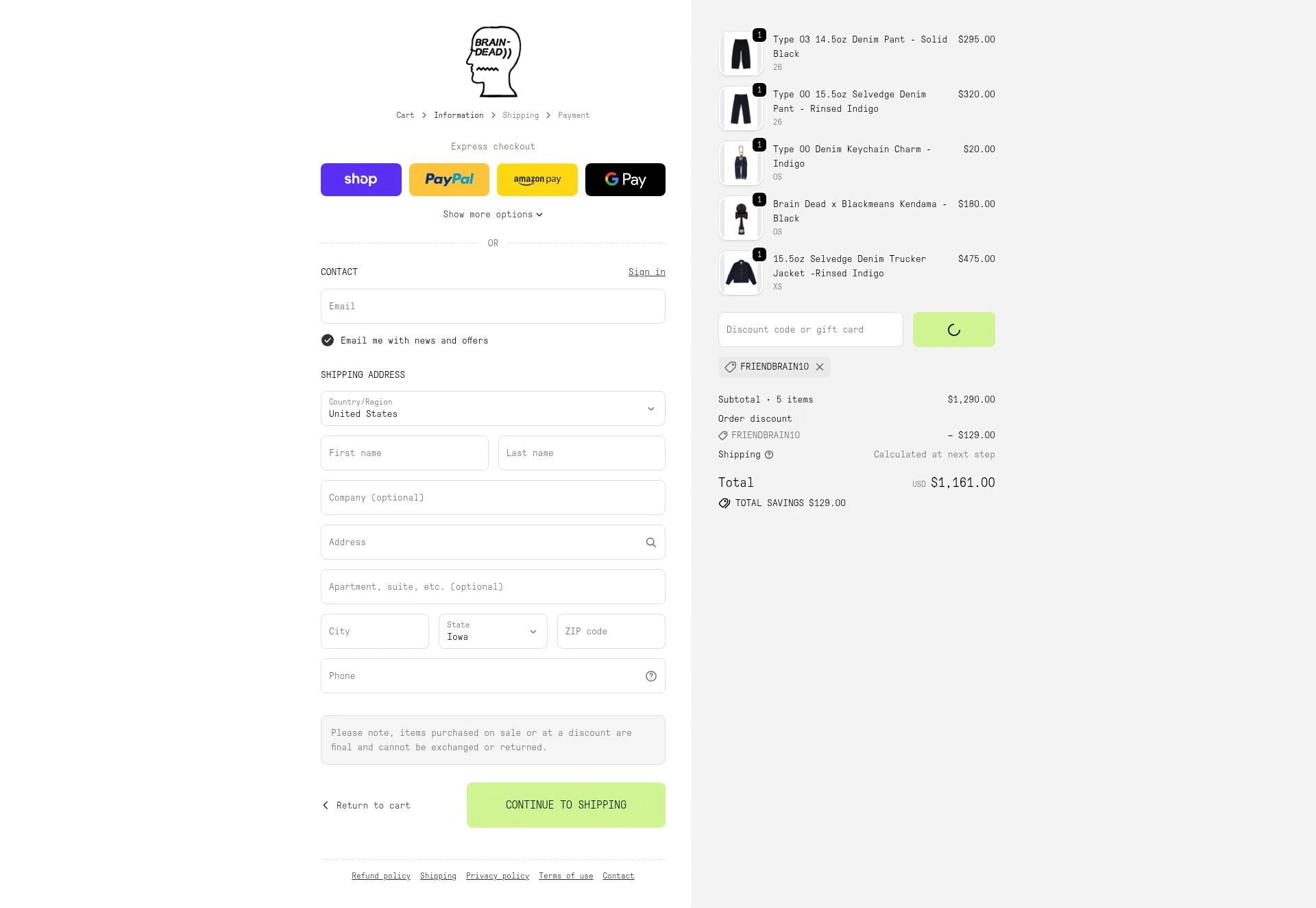 Brain Dead checkout page showing Brain Dead discount code box | Screenshot taken by SimplyCodes community member on Jan 27, 2026