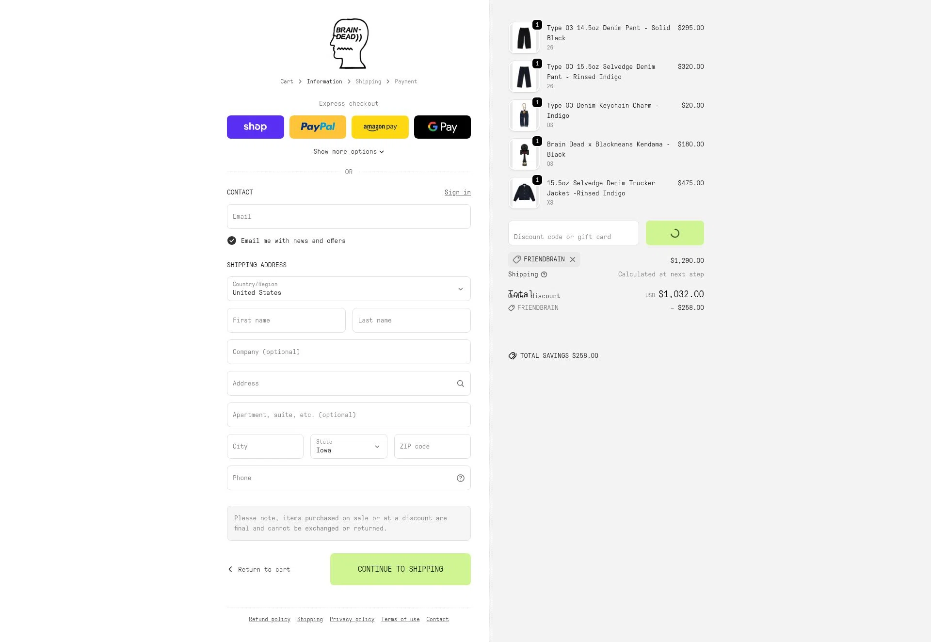 Brain Dead checkout page showing Brain Dead discount code box | Screenshot taken by SimplyCodes community member on Feb 5, 2026
