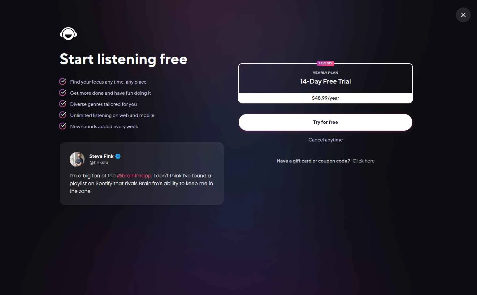 Brain.fm checkout page showing Brain.fm promo code box | Screenshot taken by SimplyCodes community member on Sep 29, 2025
