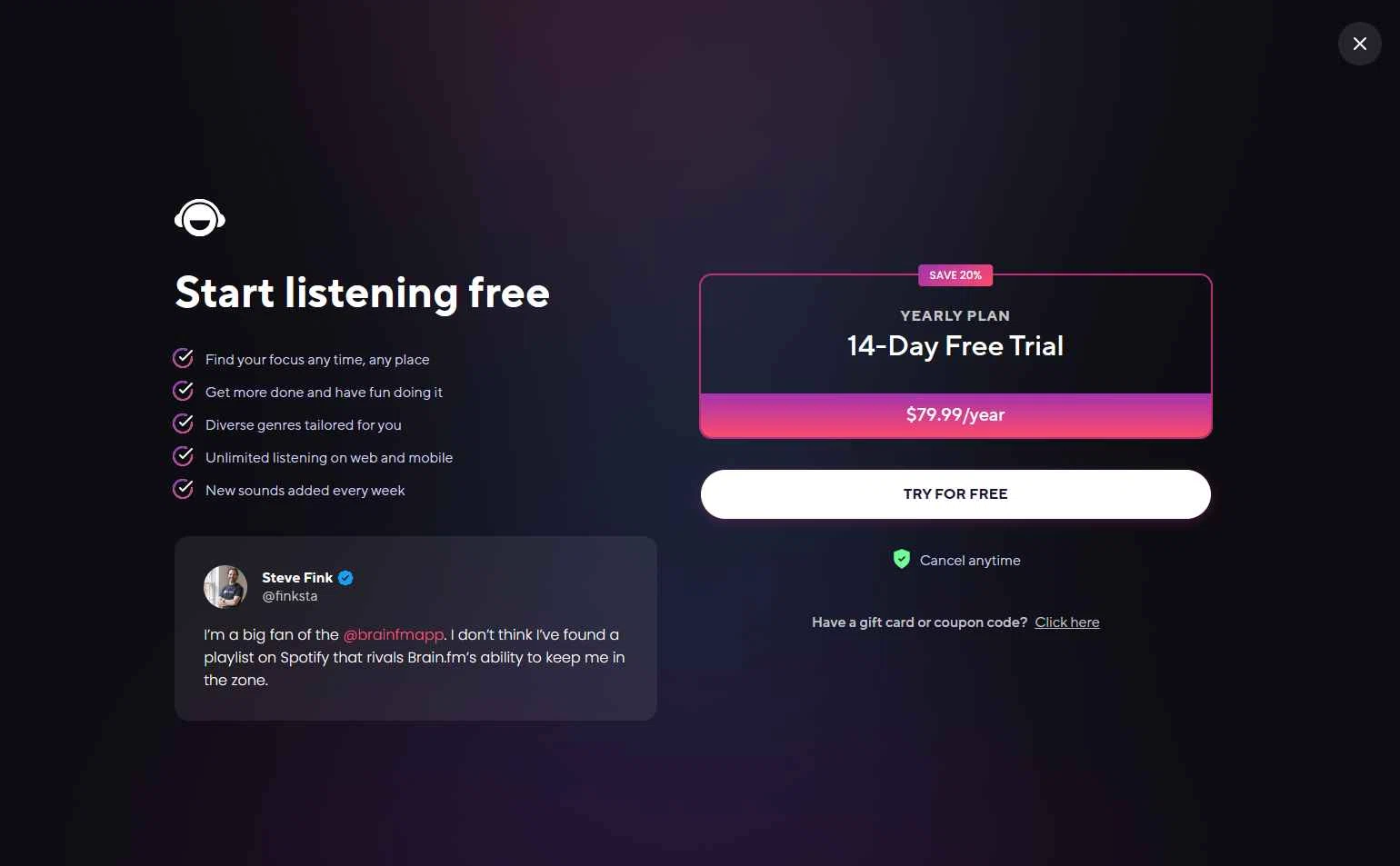 Brain.fm checkout page showing Brain.fm promo code box | Screenshot taken by SimplyCodes community member on Feb 5, 2026