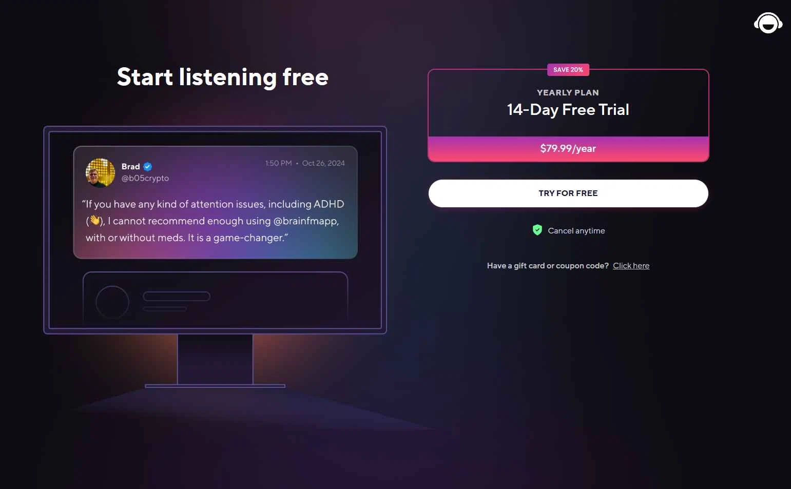 Brain.fm checkout page showing Brain.fm promo code box | Screenshot taken by SimplyCodes community member on Feb 2, 2026