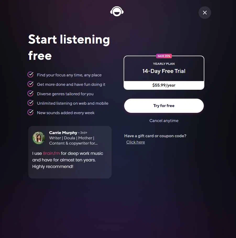 Brain.fm checkout page showing Brain.fm promo code box | Screenshot taken by SimplyCodes community member on Sep 14, 2025