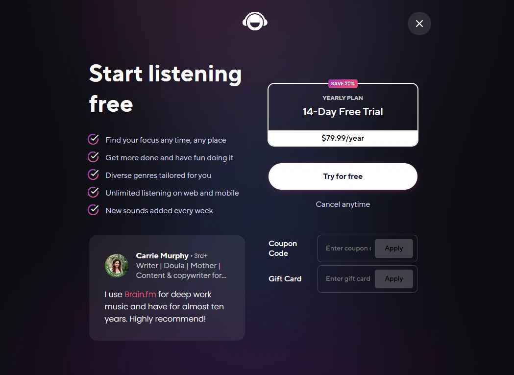 Brain.fm checkout page showing Brain.fm promo code box | Screenshot taken by SimplyCodes community member on Dec 19, 2025