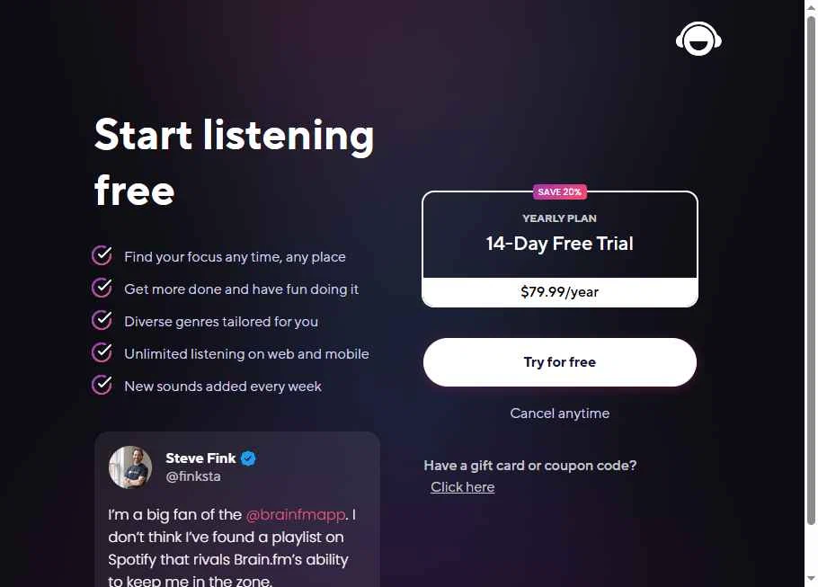 Brain.fm checkout page showing Brain.fm promo code box | Screenshot taken by SimplyCodes community member on Dec 4, 2025