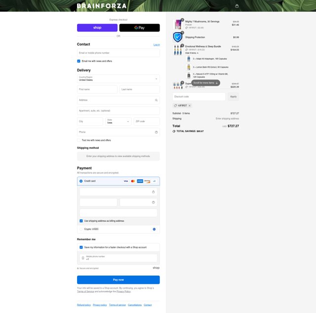 Brain Forza checkout page showing Brain Forza discount code box | Screenshot taken by SimplyCodes community member on Sep 4, 2025