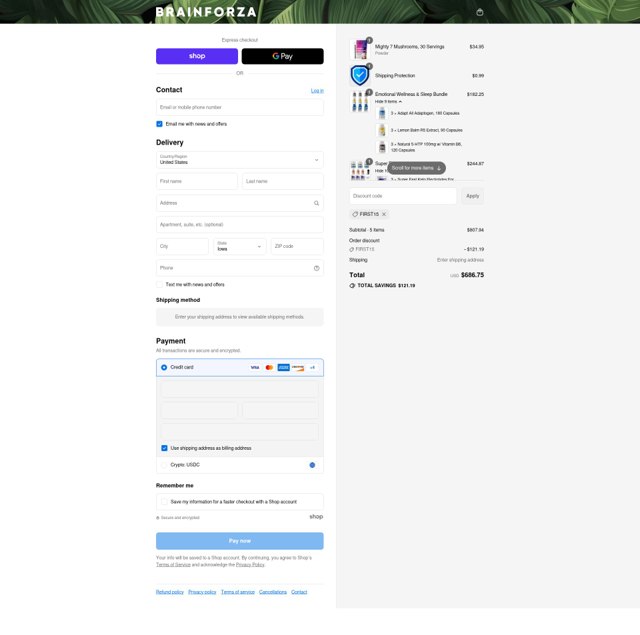 Brain Forza checkout page showing Brain Forza discount code box | Screenshot taken by SimplyCodes community member on Sep 4, 2025