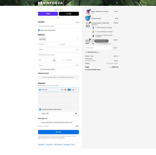 Brain Forza checkout page showing Brain Forza discount code box | Screenshot taken by SimplyCodes community member on Sep 8, 2025
