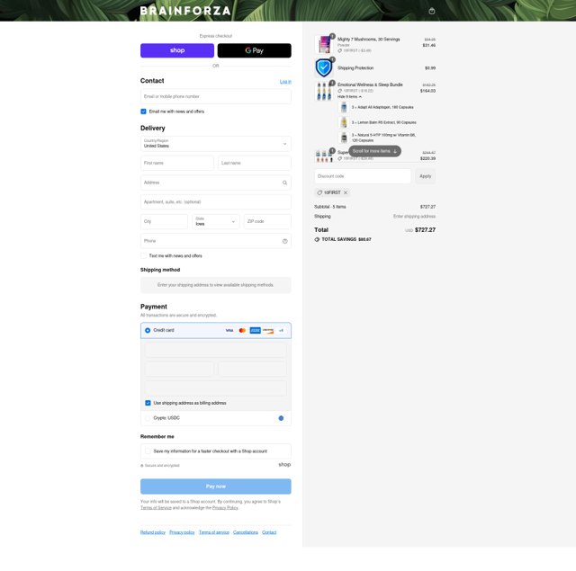 Brain Forza checkout page showing Brain Forza discount code box | Screenshot taken by SimplyCodes community member on Sep 8, 2025
