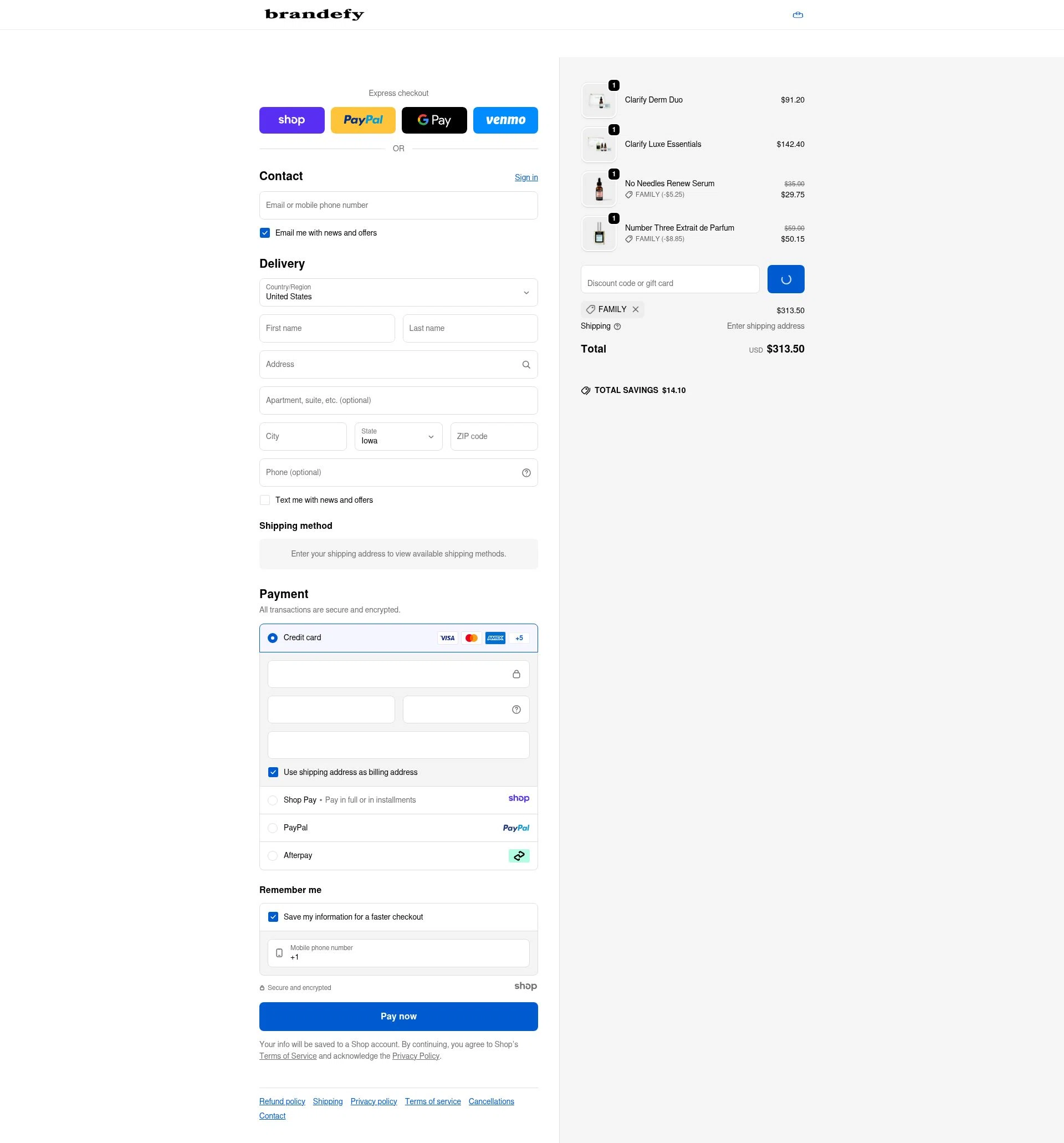 Brandefy Skin checkout page showing Brandefy Skin promo code box | Screenshot taken by SimplyCodes community member on Dec 26, 2025
