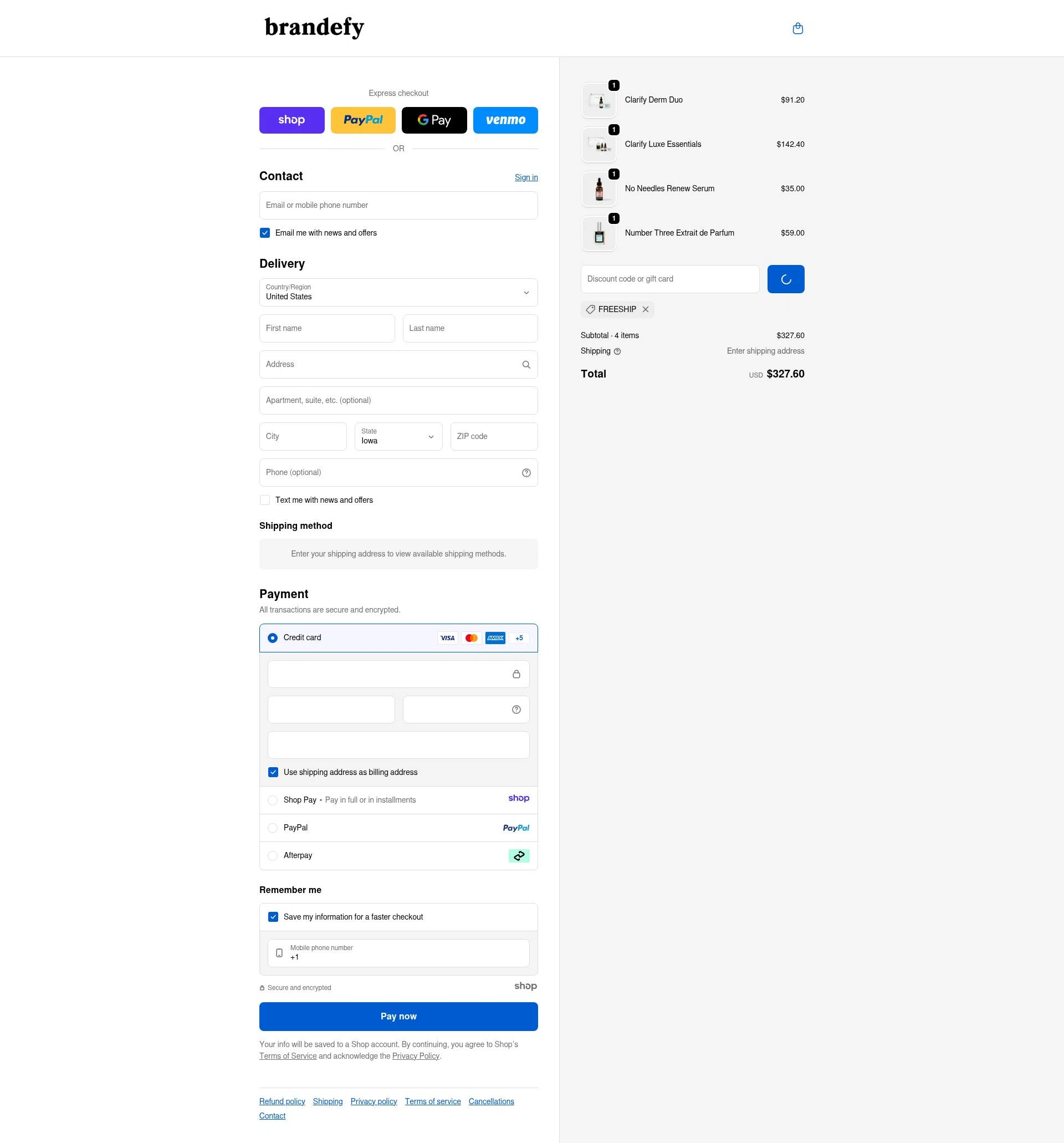Brandefy Skin checkout page showing Brandefy Skin promo code box | Screenshot taken by SimplyCodes community member on Dec 31, 2025