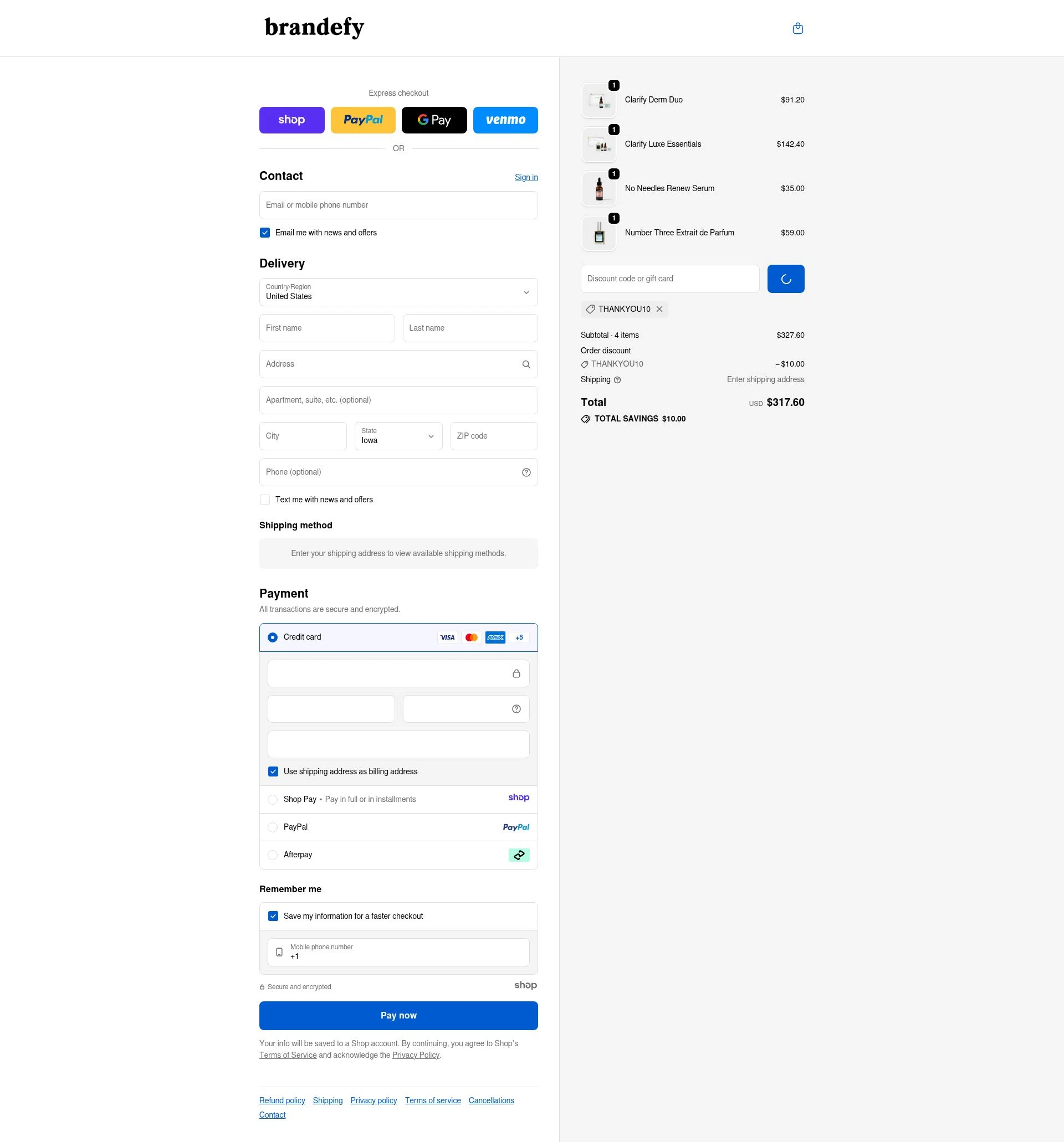 Brandefy Skin checkout page showing Brandefy Skin promo code box | Screenshot taken by SimplyCodes community member on Dec 21, 2025