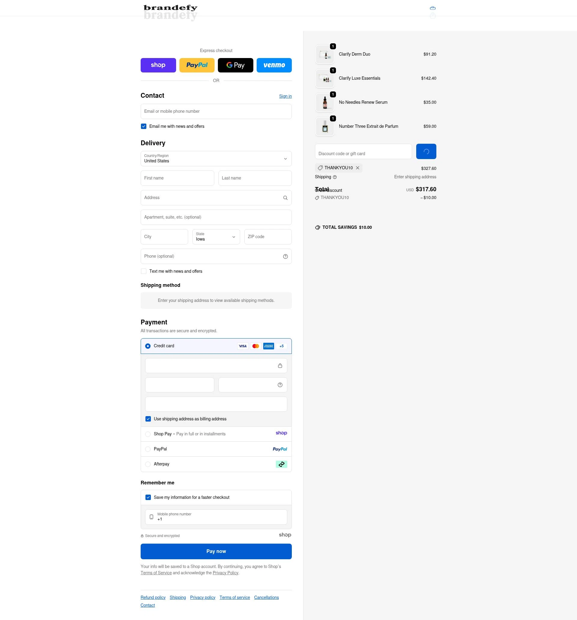 Brandefy Skin checkout page showing Brandefy Skin promo code box | Screenshot taken by SimplyCodes community member on Dec 26, 2025